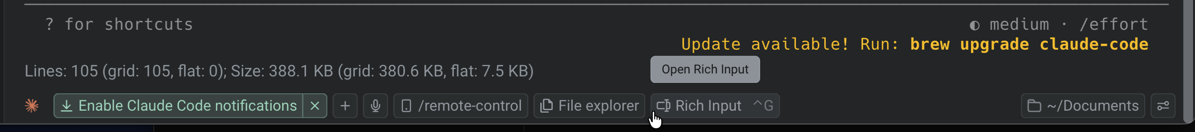 The Rich Input button in the agent utility bar at the bottom of the pane