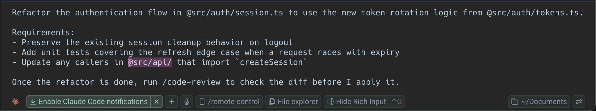 The rich input editor open with a prompt being composed