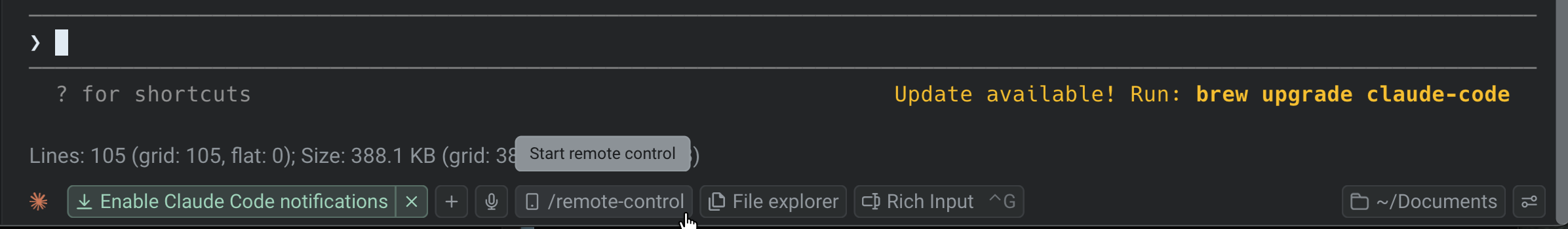 The /remote-control chip in the agent utility bar with a Start remote control tooltip